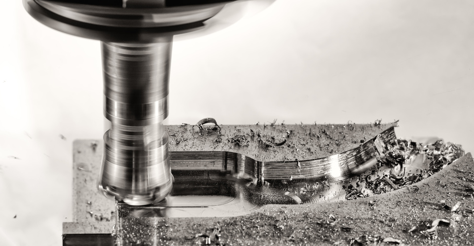 Milling cutter work with splinters flying off, monochrome versio